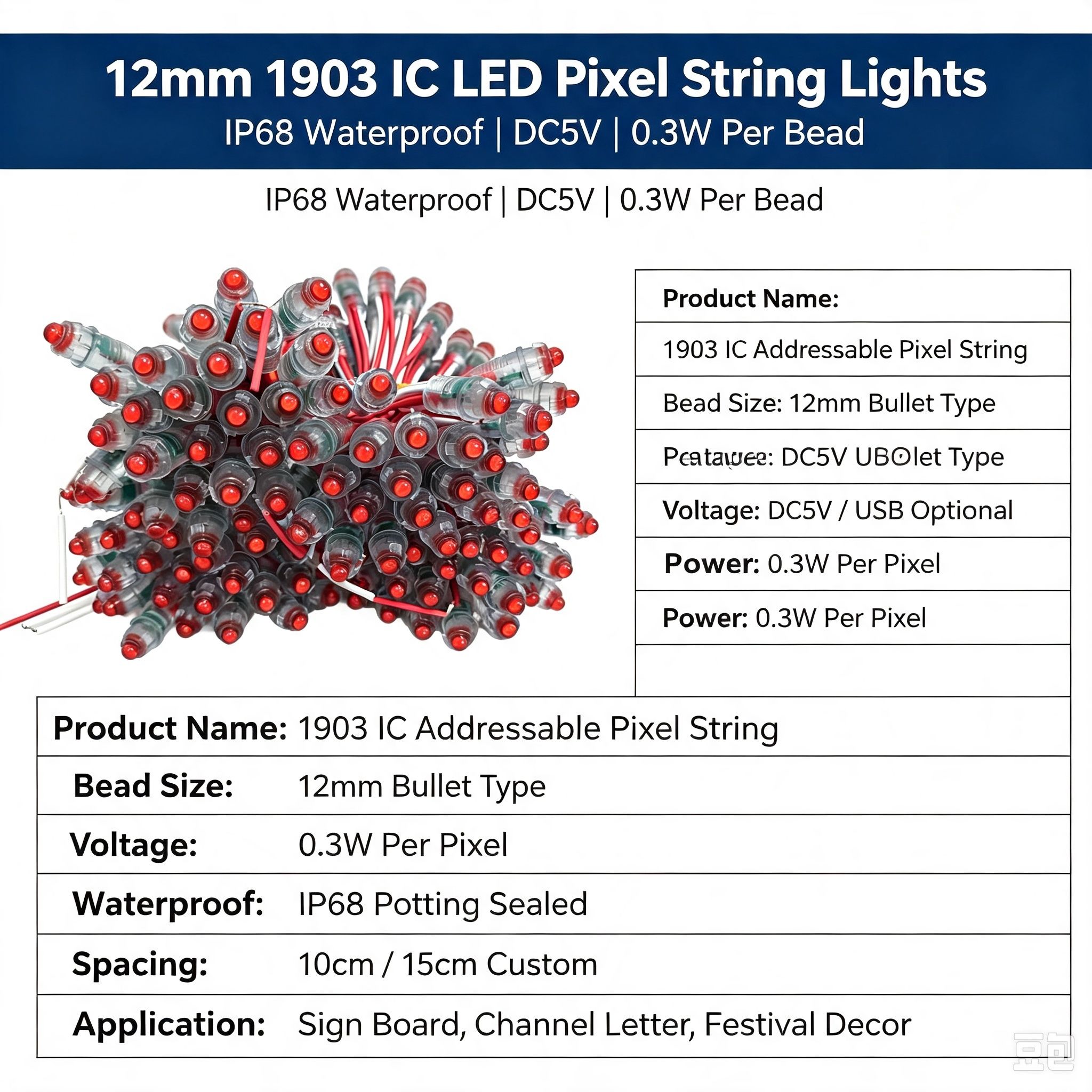 12mm 1903 IC Addressable Bullet LED Pixel String Lights IP68 Outdoor Programmable Sign Lights